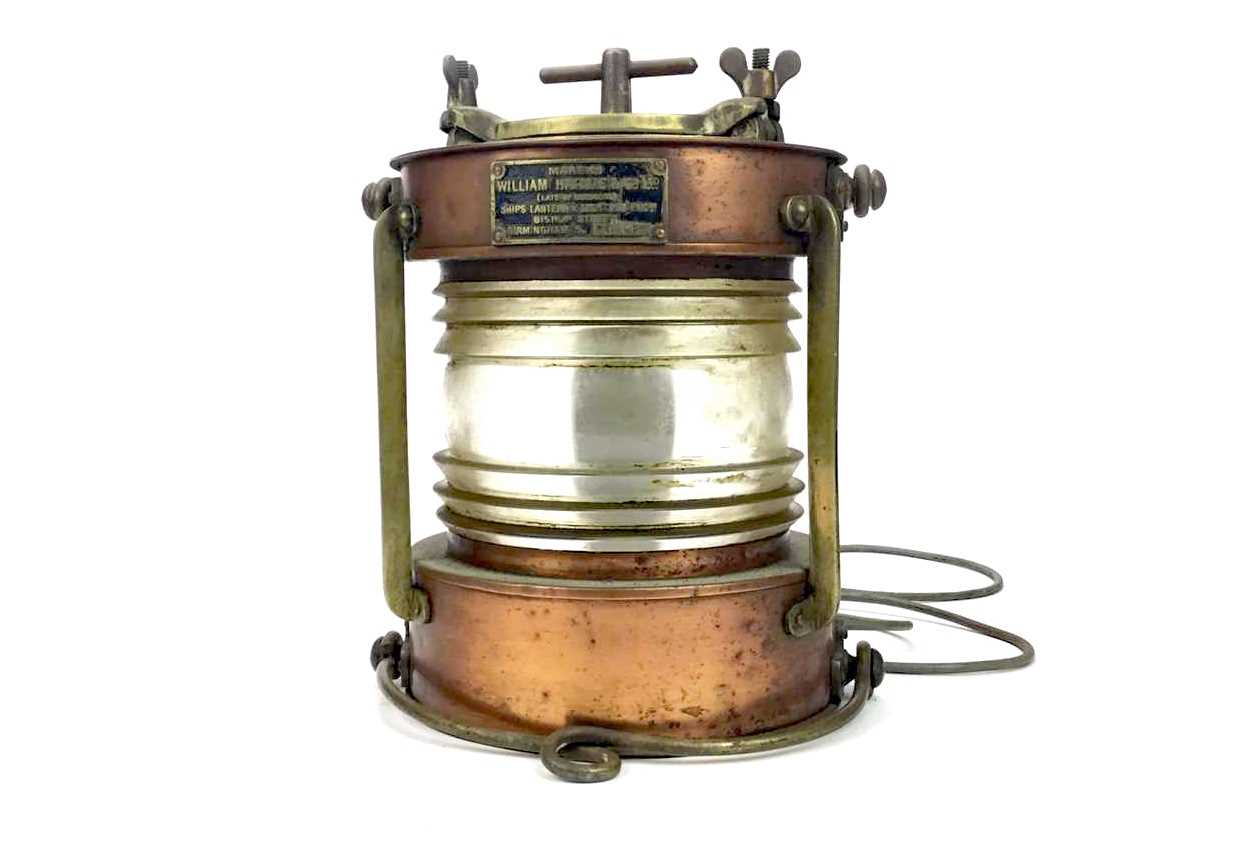 Lot 803 - A SHIPS COPPER AND BRASS MAST LAMP BY HARVIE