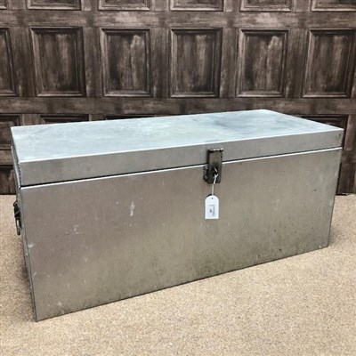 Lot 195 - A TIN TRUNK WITH HAND TOOLS