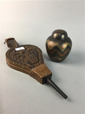 Lot 119 - A LEATHER JEWEL BOX, GINGER JAR, WALL MASK AND A PAIR OF BELLOWS