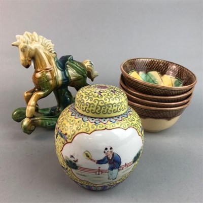 Lot 120 - A CHINESE GINGER JAR, FOUR BOWLS AND A MINIATURE CERAMIC HORSE