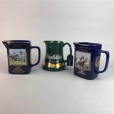 Lot 123 - THREE WHISKY WATER JUGS AND TWO NOVELTY TEAPOTS