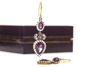 Lot 69 - A PAIR OF AMETHYST, PEARL AND DIAMOND EARRINGS