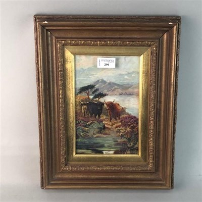Lot 299 - LOCH RANNOCH WITH HIGHLAND CATTLE, AN OIL BY KG BROWN