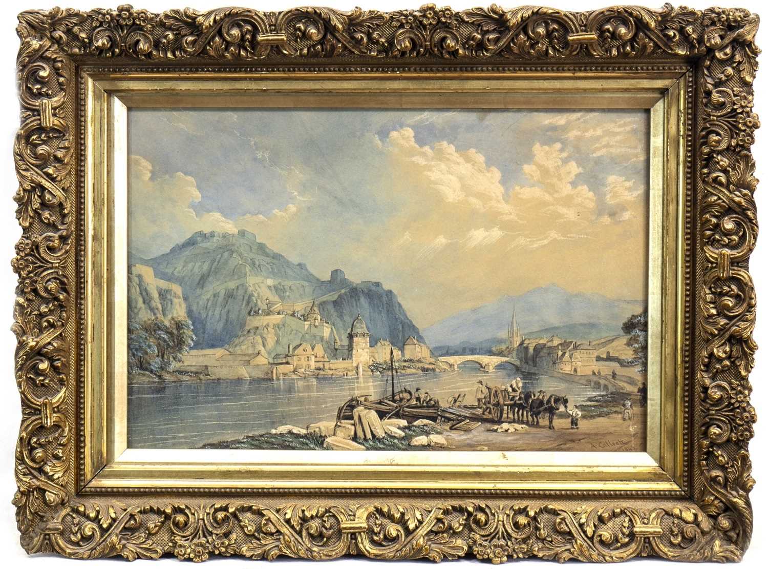 Lot 602 - VIEW OF THE RHINE WITH CASTLE, A WATERCOLOUR