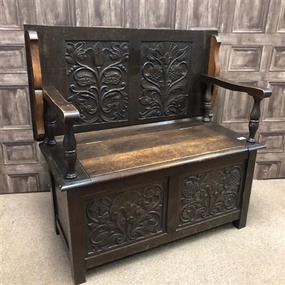 Lot 328 - A 20TH CENTURY MONKS BENCH