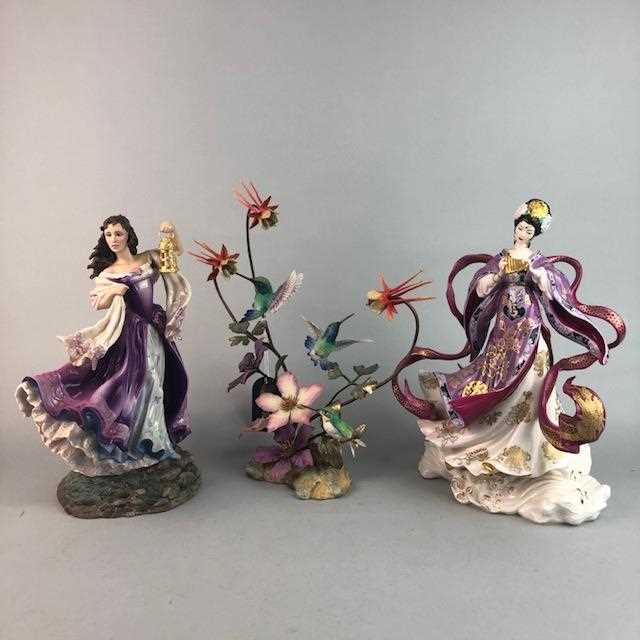 Lot 335 - A FRANKLIN MINT HOUSE OF FABERGÉ BIRD FIGURE GROUP AND TWO FIGURES OF LADIES
