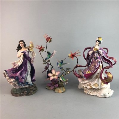 Lot 335 - A FRANKLIN MINT HOUSE OF FABERGÉ BIRD FIGURE GROUP AND TWO FIGURES OF LADIES