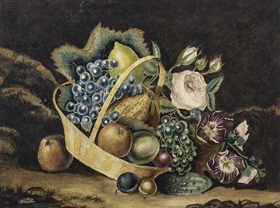 Lot 610 - STILL LIFE WITH FRUIT IN BASKET, A WATERCOLOUR