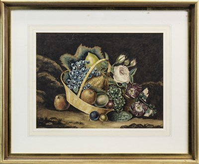 Lot 610 - STILL LIFE WITH FRUIT IN BASKET, A WATERCOLOUR