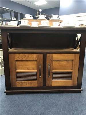 Lot 425 - A MODERN STAINED WOOD SIDE CABINET AND A MATCHING CABINET