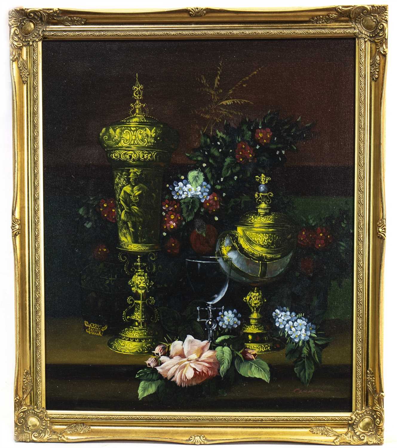 Lot 629 - STILL LIFE WITH FRUIT AND FLOWERS, AN OIL