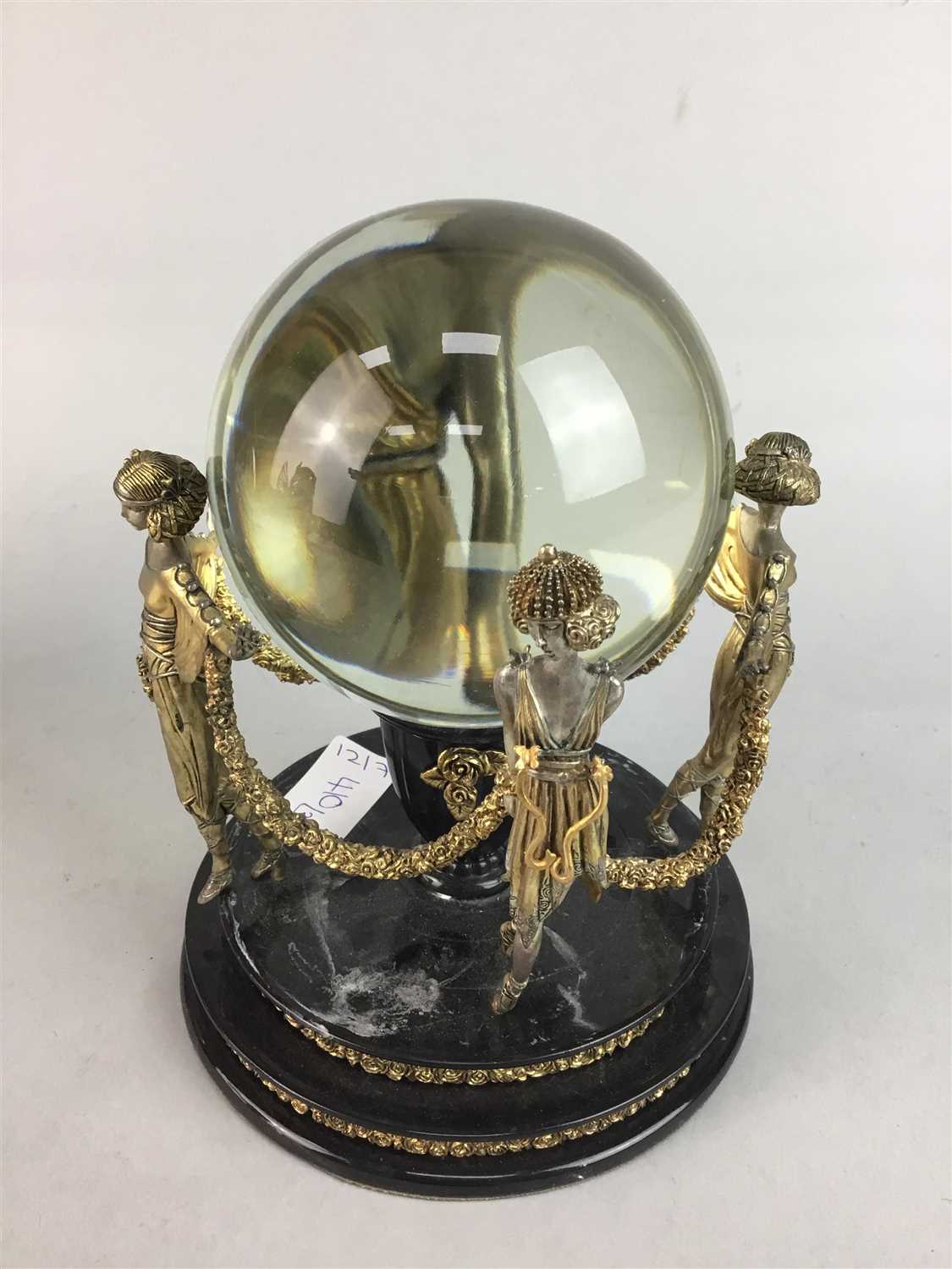 Lot 410 - 'THE ERLE CRYSTAL BALL OBJEL' FIGURE, A FRANKLIN MINT FIGURE AND A GLASS ORNAMENT