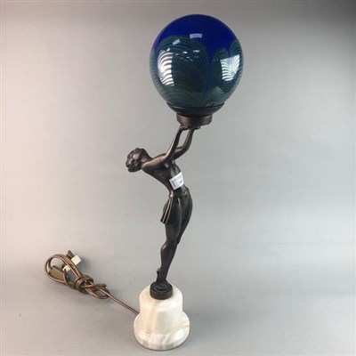 Lot 397 - AN ART DECO STYLE FIGURAL LAMP WITH BLUE SHADE