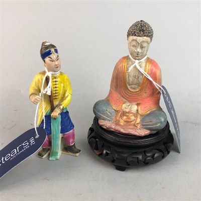Lot 358 - A SMALL POLYCHROME POTTERY BUDDHA AND ANOTHER CERAMIC FIGURE