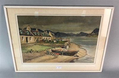 Lot 294 - COASTAL VILLAGE WITH FIGURES, A WATERCOLOUR BY JOHN S SPENCE