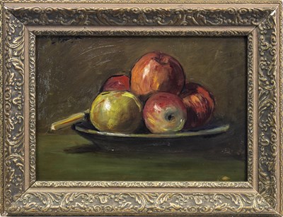Lot 440 - STILL LIFE WITH APPLES, AN OIL BY GEORGE LESLIE HUNTER