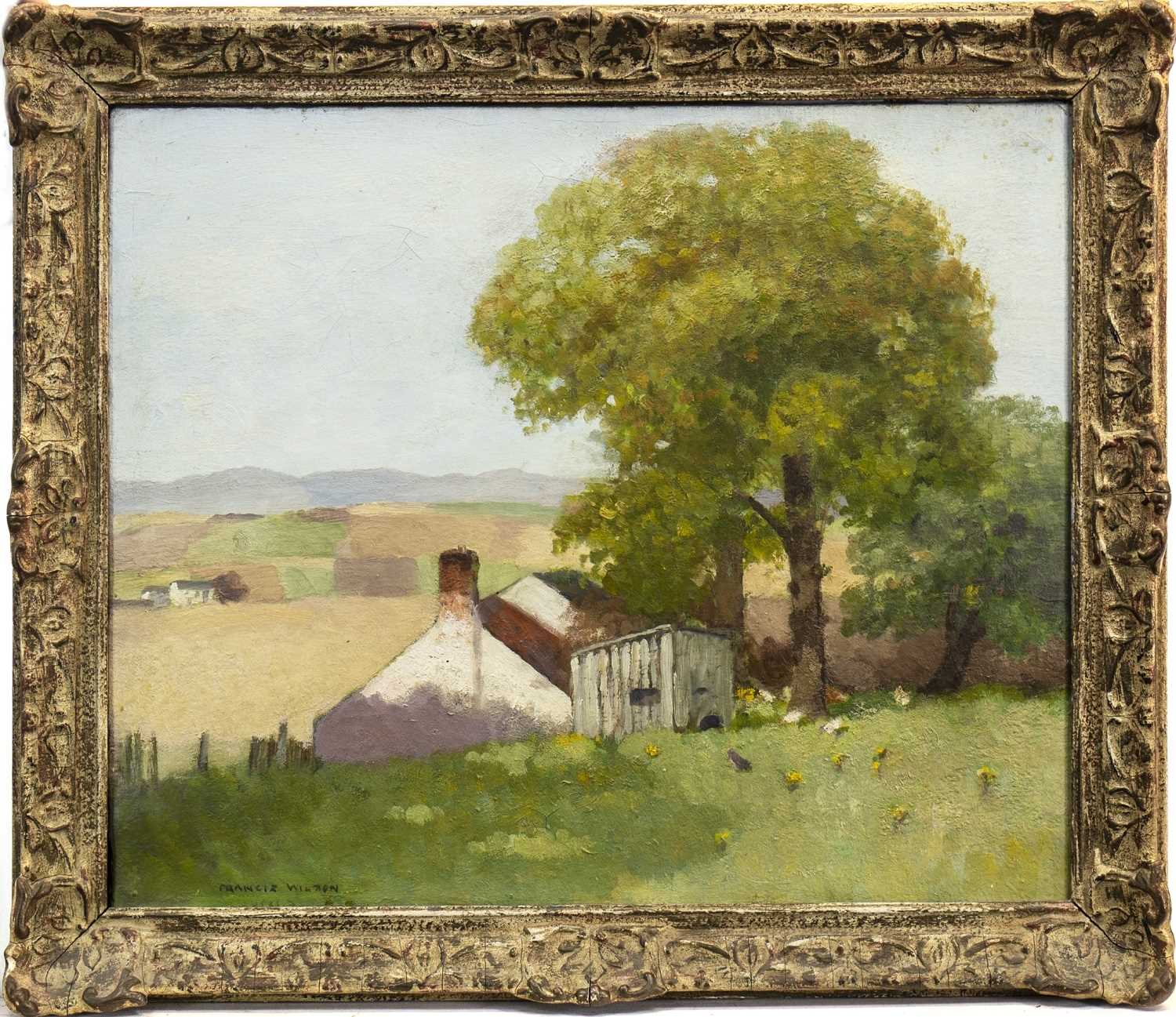 Lot 445 - RURAL SCENE WITH HENS, AN OIL BY FRANCIS WILSON