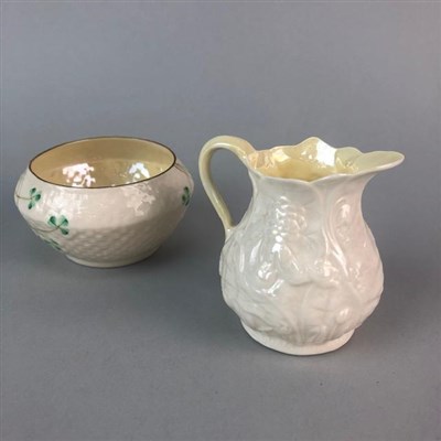 Lot 239 - A BELLEEK JUG, BELLEEK DISH AND THREE ITEMS OF WEDGWOOD JASPERWARE