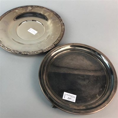 Lot 237 - TWO SILVER PLATED SERVING TRAYS, A PART COFFEE SERVICE AND OTHER PLATED ITEMS