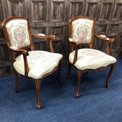 Lot 212 - A PAIR OF FRENCH STYLE ARMCHAIRS