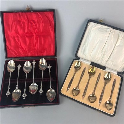 Lot 226 - A CASED SET OF SIX SILVER COFFEE SPOONS AND ANOTHER SET OF SPOONS