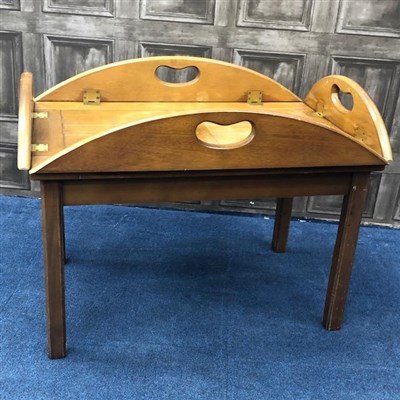 Lot 249 - A BUTLERS SERVING TRAY ON STAND AND A MAHOGANY BENCH