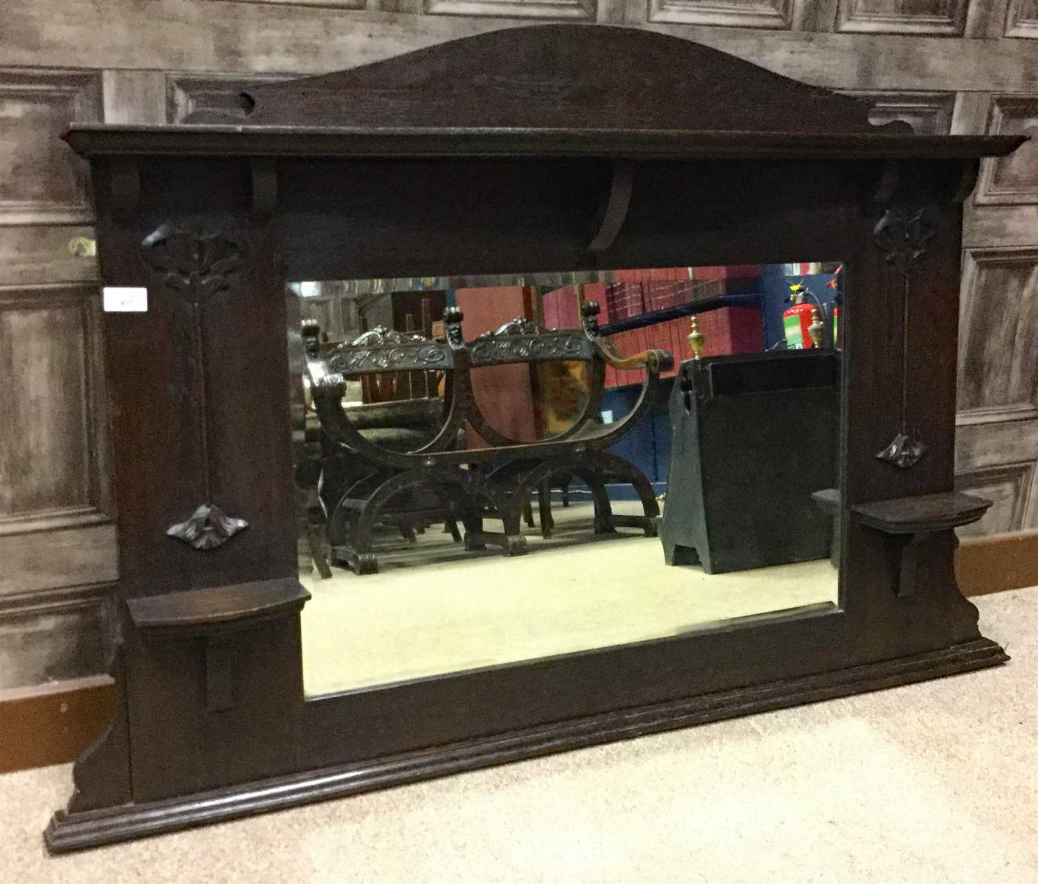Lot 827 - AN ARTS & CRAFTS OVER MANTEL MIRROR