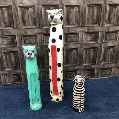 Lot 49 - THREE CARVED PAINTED WOODEN CAT FIGURES