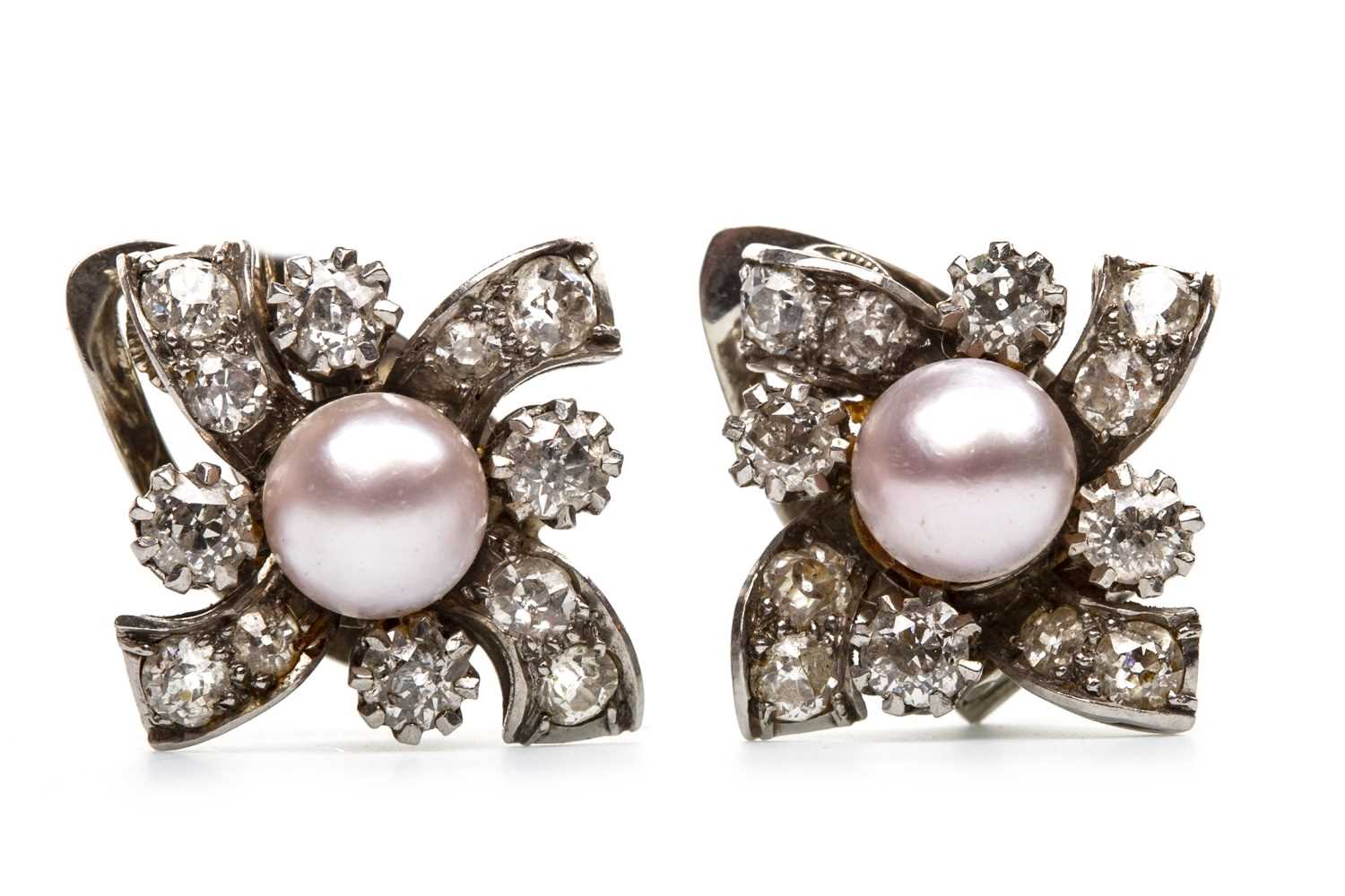 Lot 31 - A PAIR OF PINK PEARL AND DIAMOND EARRINGS