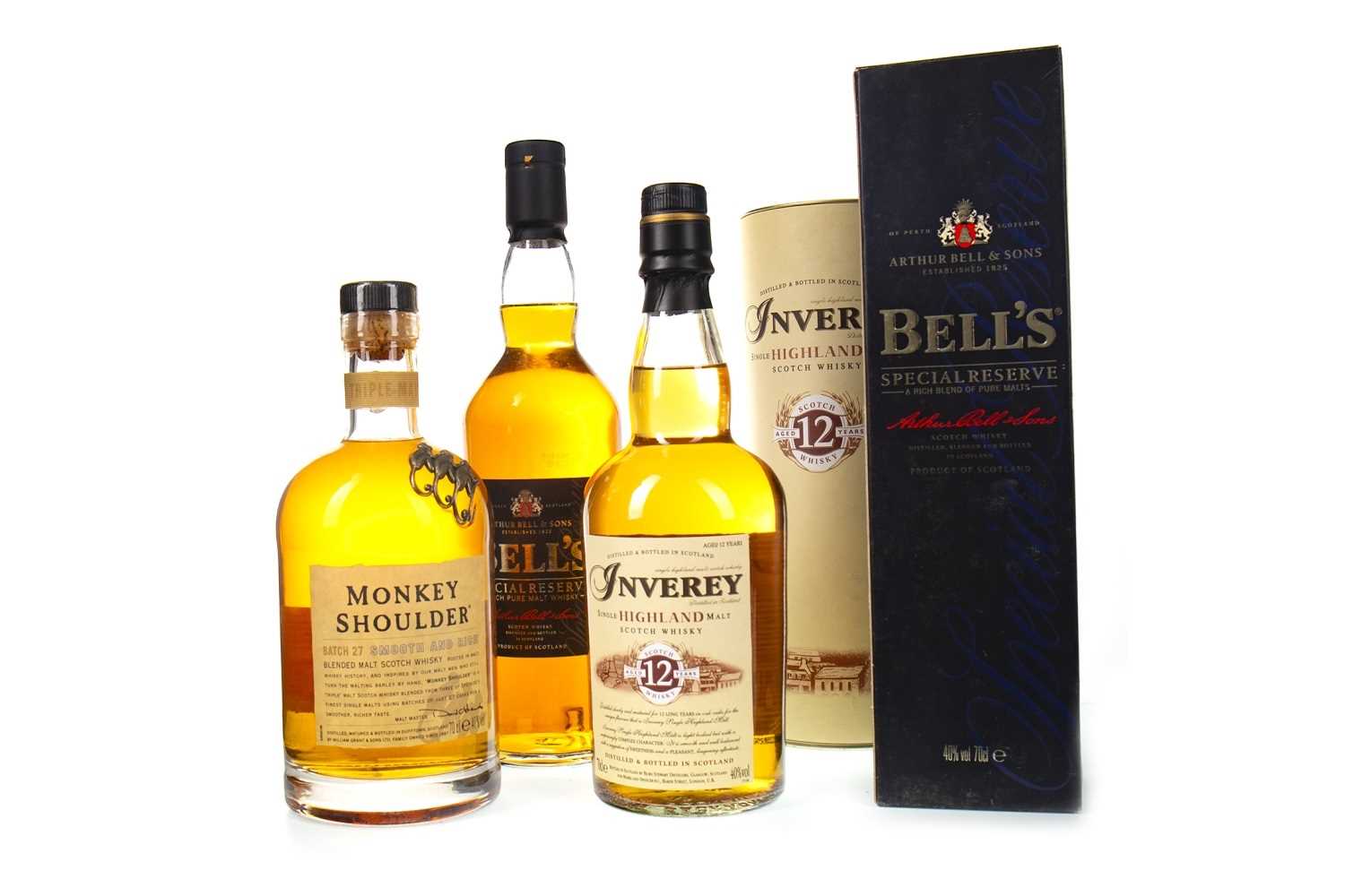 Lot 455 - BELL'S SPECIAL RESERVE, MONKEY SHOULDER AND INVEREY 12 YEARS OLD