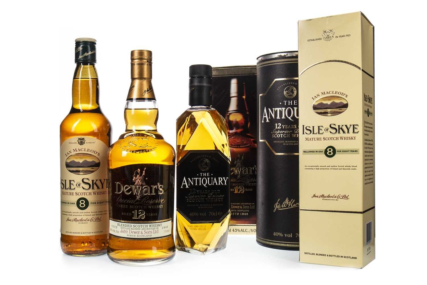 Lot 456 - ANTIQUARY 12 YEARS OLD, DEWAR'S AGED 12 YEARS AND ISLE OF SKYE 8 YEARS OLD