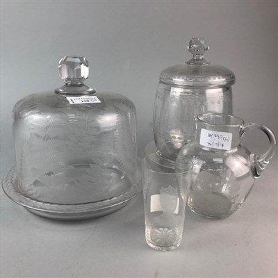 Lot 230 - A VICTORIAN GLASS DOMED CHEESE DISH AND COVER AND OTHER GLASS ITEMS