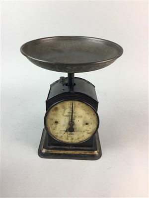 Lot 260 - A HUGHES FAMILY SCALE, CROCK, BUTTER MOULD AND FLAT IRON