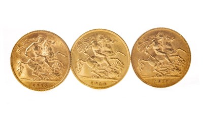 Lot 599 - THREE GOLD HALF SOVEREIGNS, 1912, 1913 AND 1914