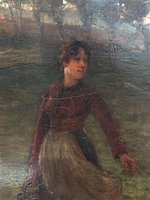 Lot 454 - WOMAN IN A RURAL LANDSCAPE, AN OIL BY JAMES CAMPBELL NOBLE