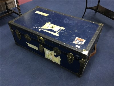 Lot 278 - A VINTAGE BRASS BOUND TRAVEL TRUNK