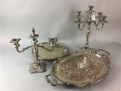 Lot 72 - TWO SILVER PLATED TRAYS AND TWO CANDELABRA