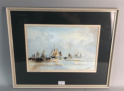 Lot 275 - SAILING BOATS BECALMED,  A WATERCOLOUR BY E. FAIRBANKS