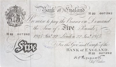 Lot 616 - A BANK OF ENGLAND £5 NOTE, 1945