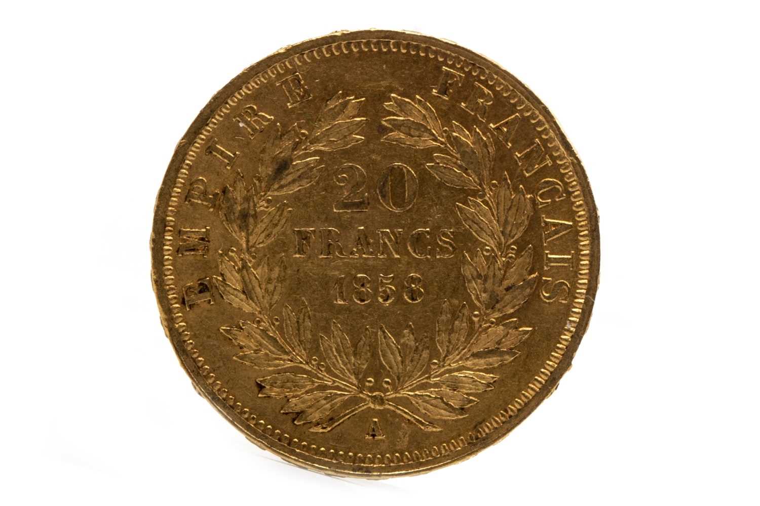 Lot 624 - A GOLD FRENCH 20 FRANC COIN, 1858