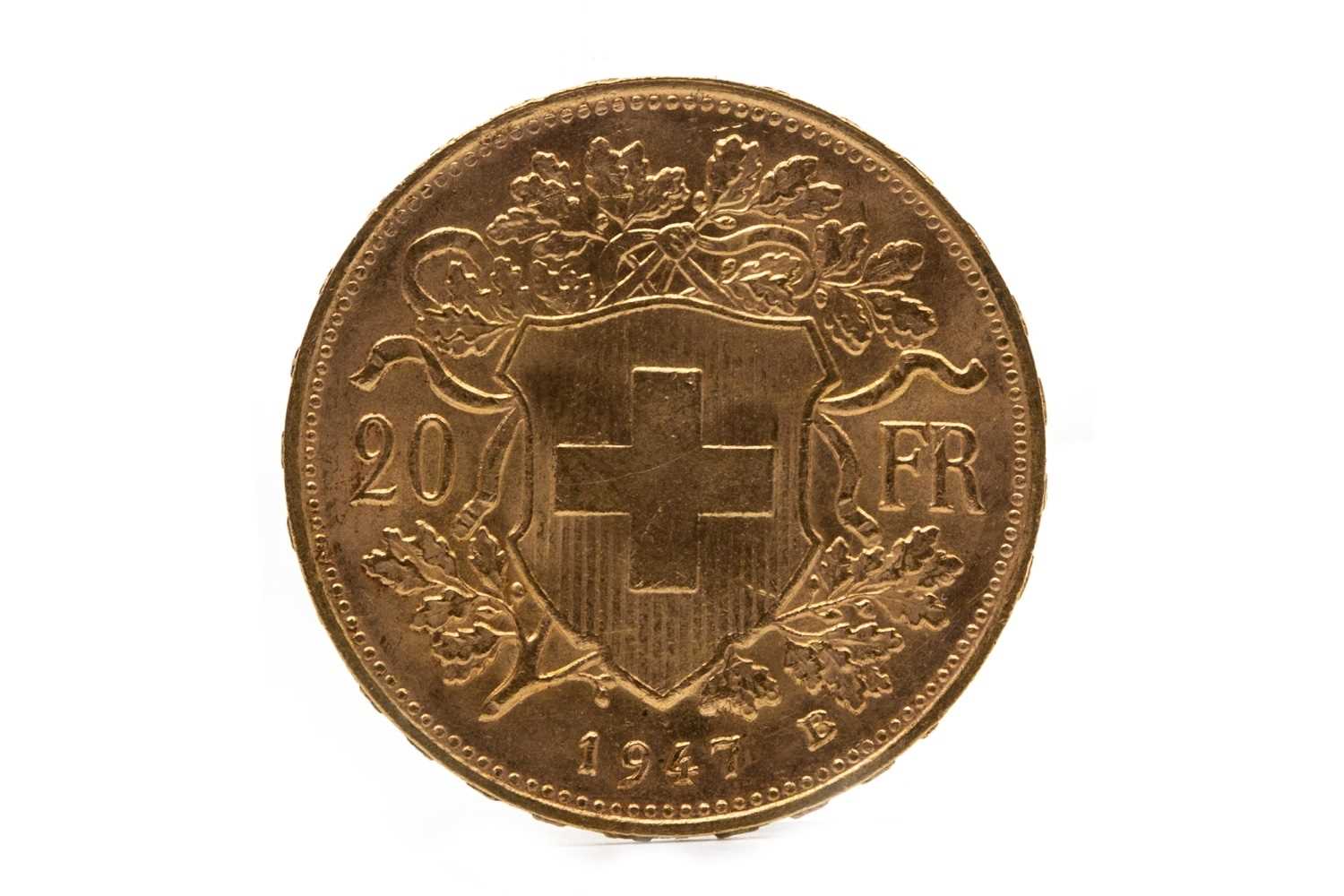 Lot 626 - A GOLD SWISS 20 FRANC COIN, 1947