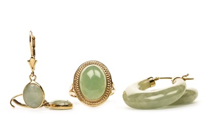 Lot 218 - TWO PAIRS OF GREEN HARDSTONE EARRINGS AND A RING