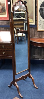 Lot 381 - A MAHOGANY CHEVAL MIRROR AND FOOTSTOOL