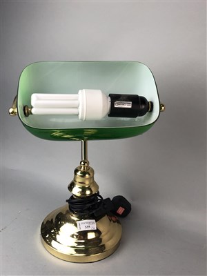 Lot 335 - BRASS DESK LAMP WITH GREEN GLASS SHADE AND TWO OTHER LAMPS