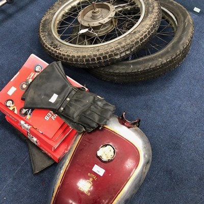 Lot 358 - A ROYAL ENFIELD PETROL TANK, GLOVES , GOGGLES AND TYRES