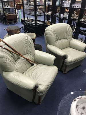 Lot 456 - TWO PAIRS OF MODERN LEATHER ARMCHAIRS AND A FOOTSTOOL