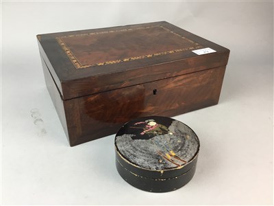 Lot 474 - A MAHOGANY INLAID BOX, CARVED STAND AND A CYLINDRICAL BOX