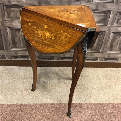 Lot 838 - A FRENCH KINGWOOD AND FLORAL MARQUETRY TRIANGULAR PETIT TABLE