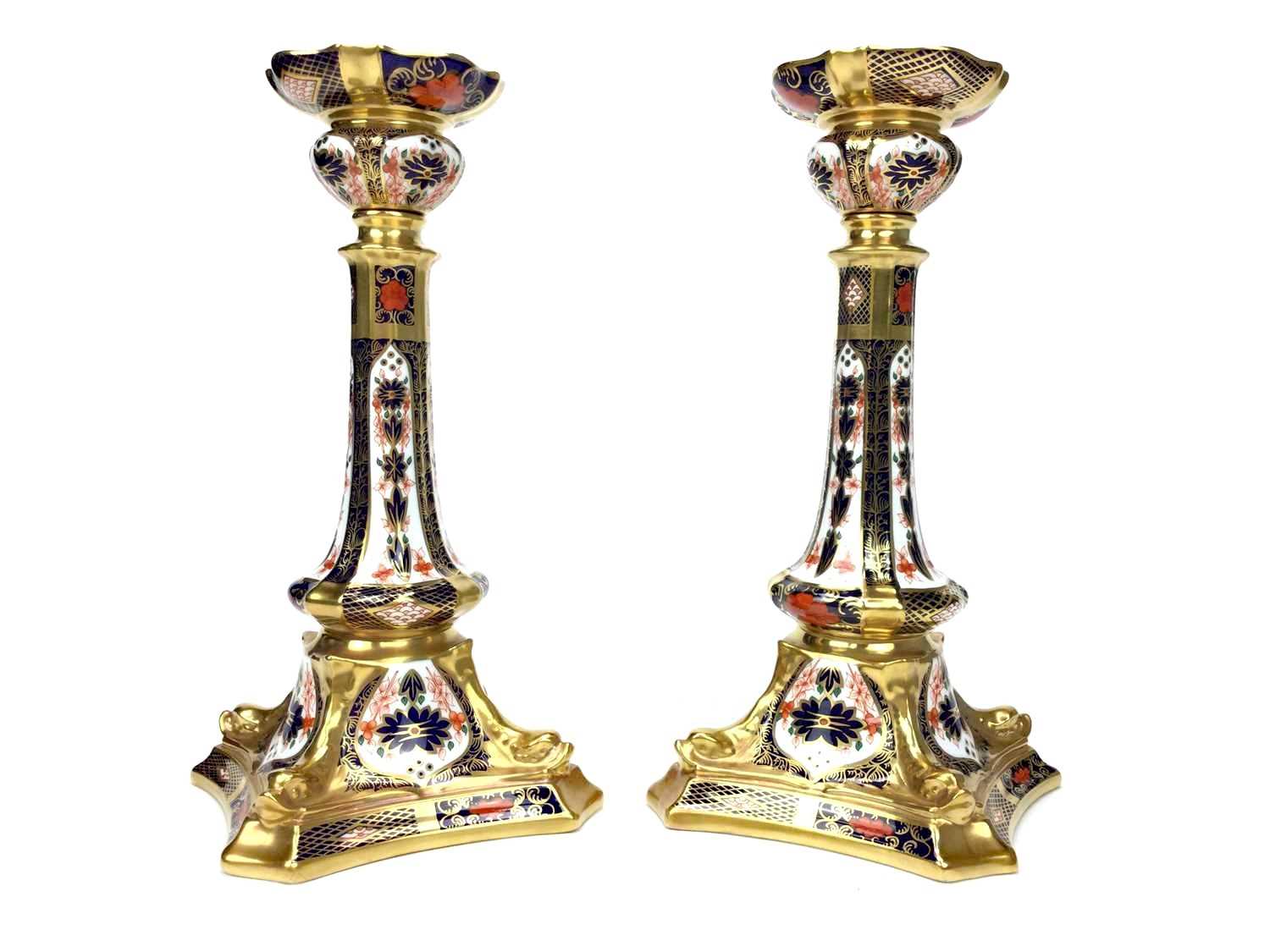 Lot 1234 - A PAIR OF ROYAL CROWN DERBY TABLE CANDLESTICKS