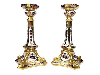 Lot 1234 - A PAIR OF ROYAL CROWN DERBY TABLE CANDLESTICKS